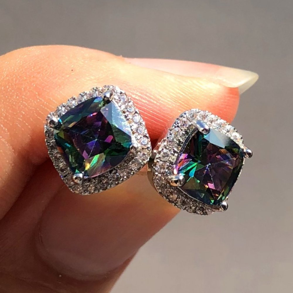 NEW Iridescent Diamond Halo Cushion Stud Earrings - Picture 1 of 7